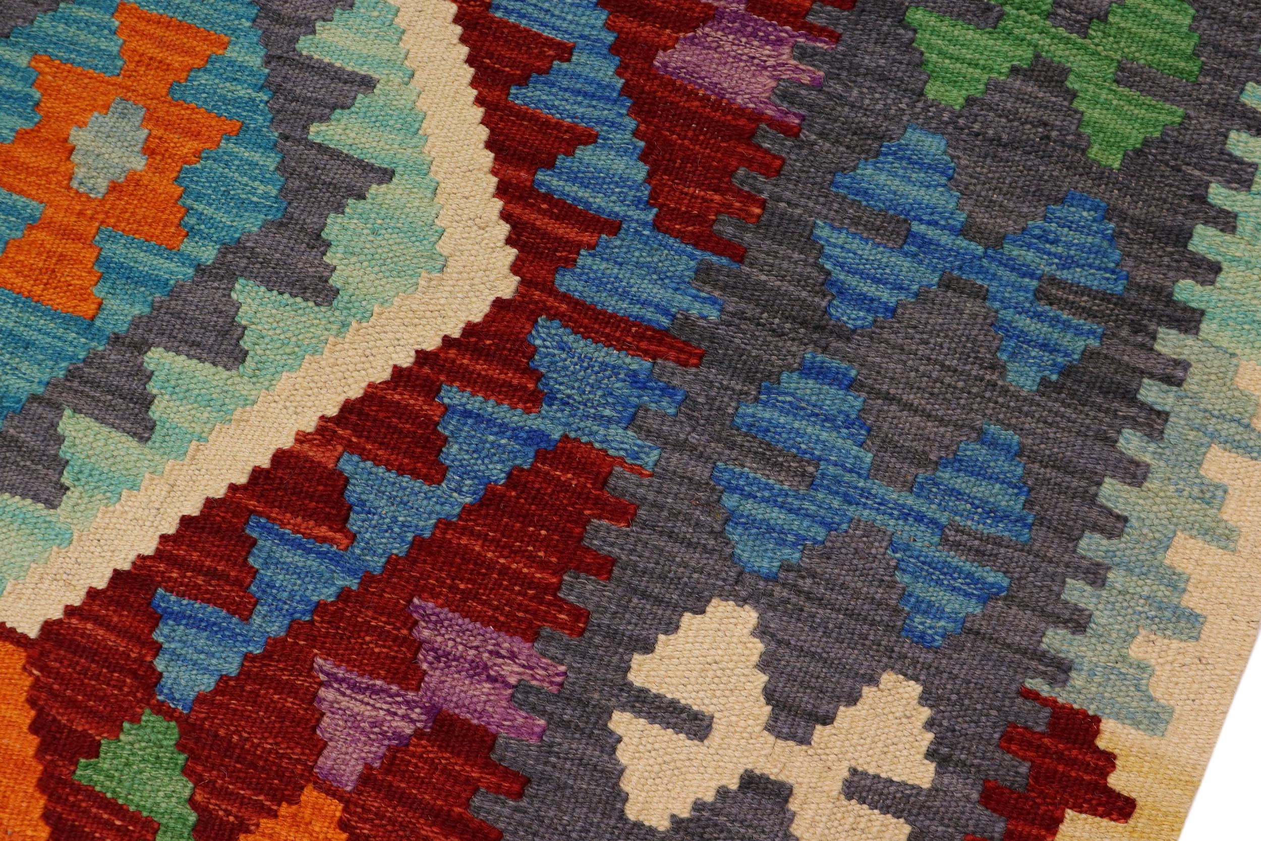 handmade Geometric Kilim Red Gray Hand-Woven RECTANGLE 100% WOOL area rug 3' x 5'