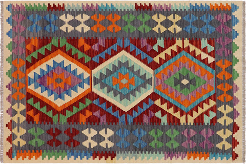 handmade Geometric Kilim Red Gray Hand-Woven RECTANGLE 100% WOOL area rug 3' x 5'
