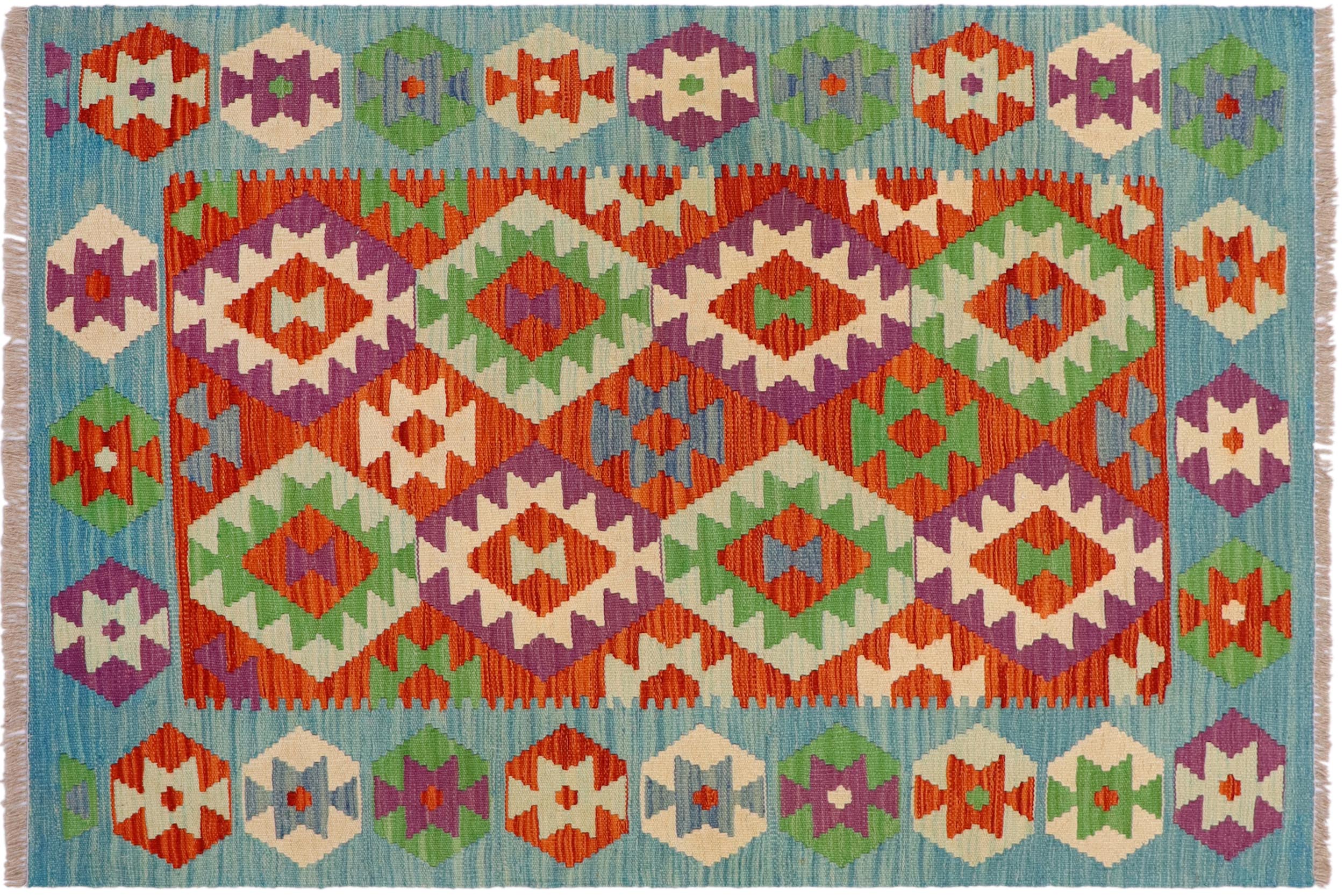 handmade Geometric Kilim Rust Blue Hand-Woven RECTANGLE 100% WOOL area rug 3 x 5