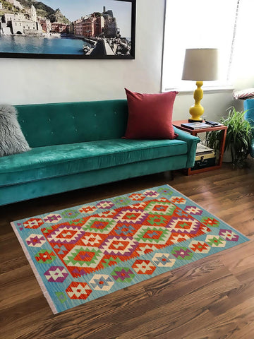 handmade Geometric Kilim Rust Blue Hand-Woven RECTANGLE 100% WOOL area rug 3 x 5