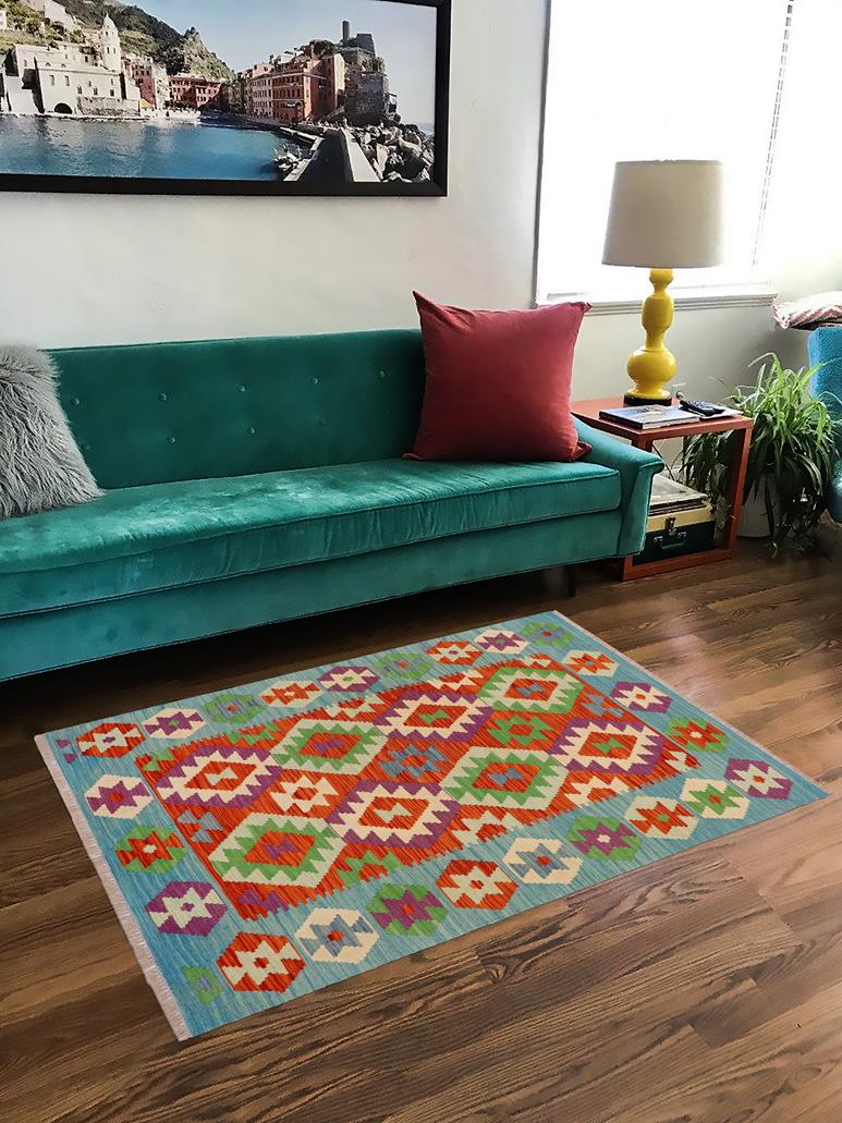 Flat Weave Kilim Antique Navaho Vintage handmade Geometric Kilim Rust Blue Hand-Woven Rectangle 100% Wool Area Rug 3x5 