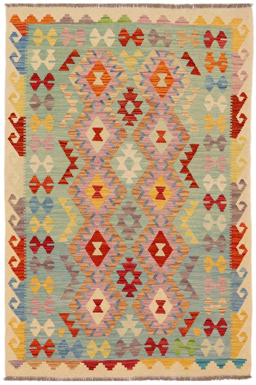 Flat Weave Kilim Antique Navaho Vintage handmade Geometric Kilim Blue Beige Hand-Woven Rectangle 100% Wool Area Rug 4x6 
