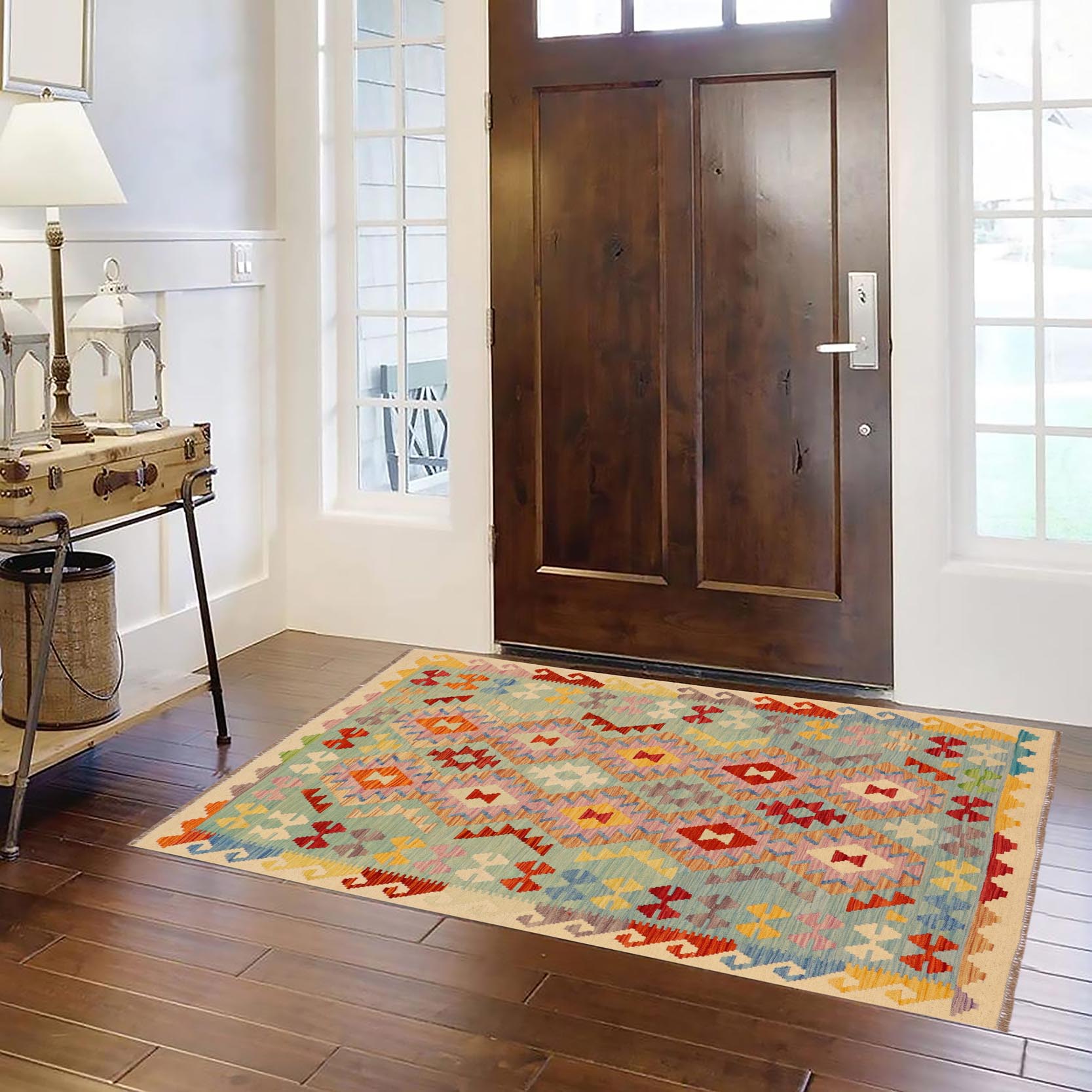 handmade Geometric Kilim Blue Beige Hand-Woven RECTANGLE 100% WOOL area rug 4 x 6