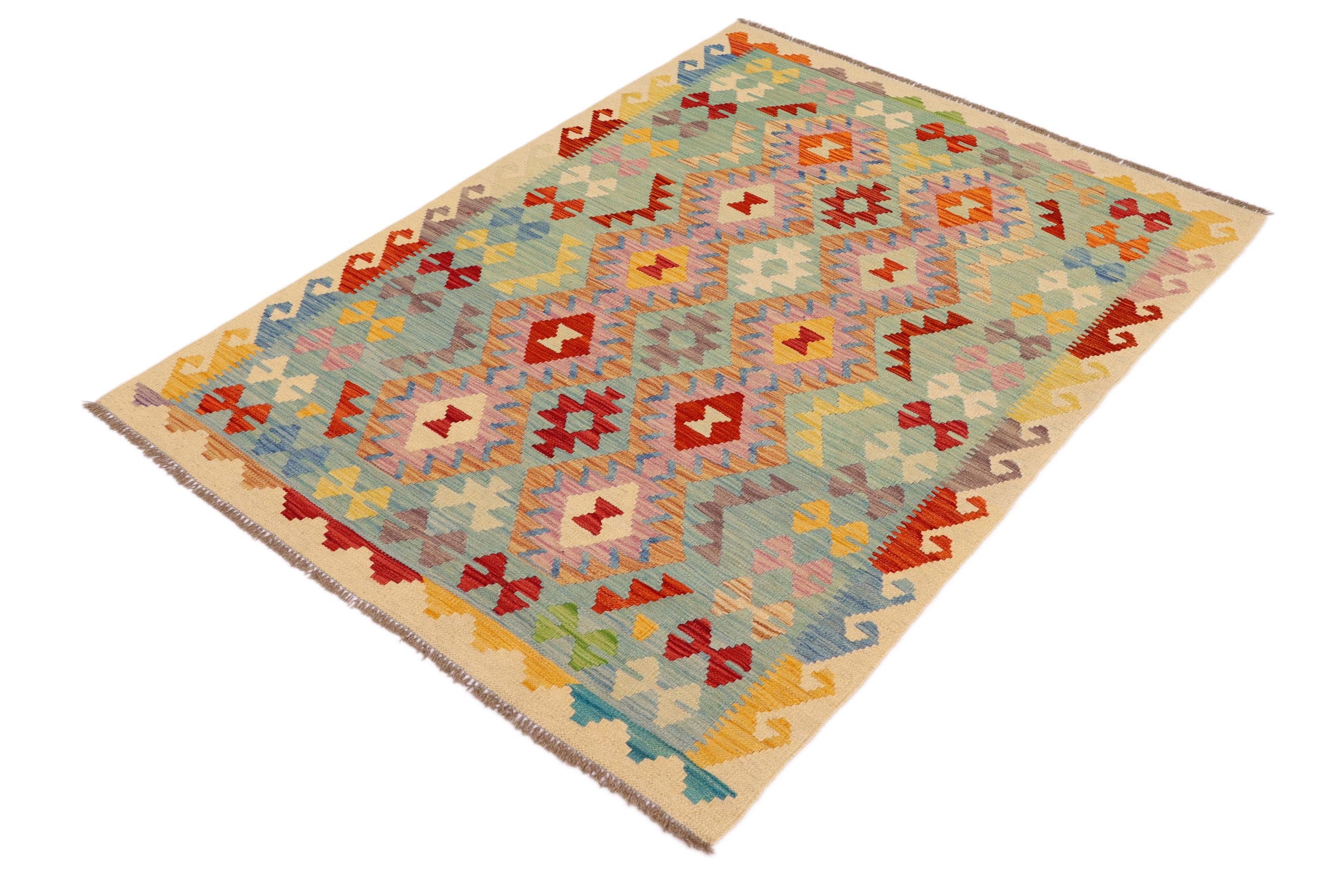 handmade Geometric Kilim Blue Beige Hand-Woven RECTANGLE 100% WOOL area rug 4 x 6