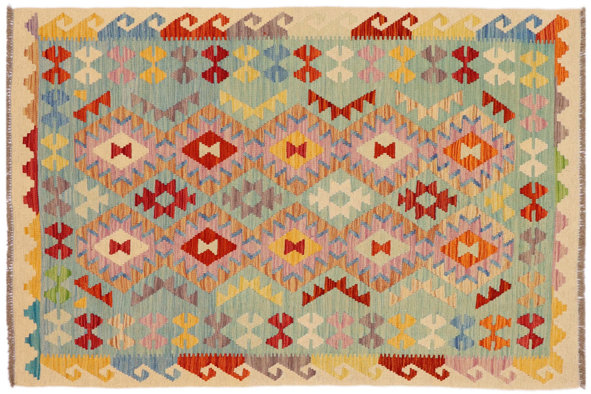 handmade Geometric Kilim Blue Beige Hand-Woven RECTANGLE 100% WOOL area rug 4 x 6