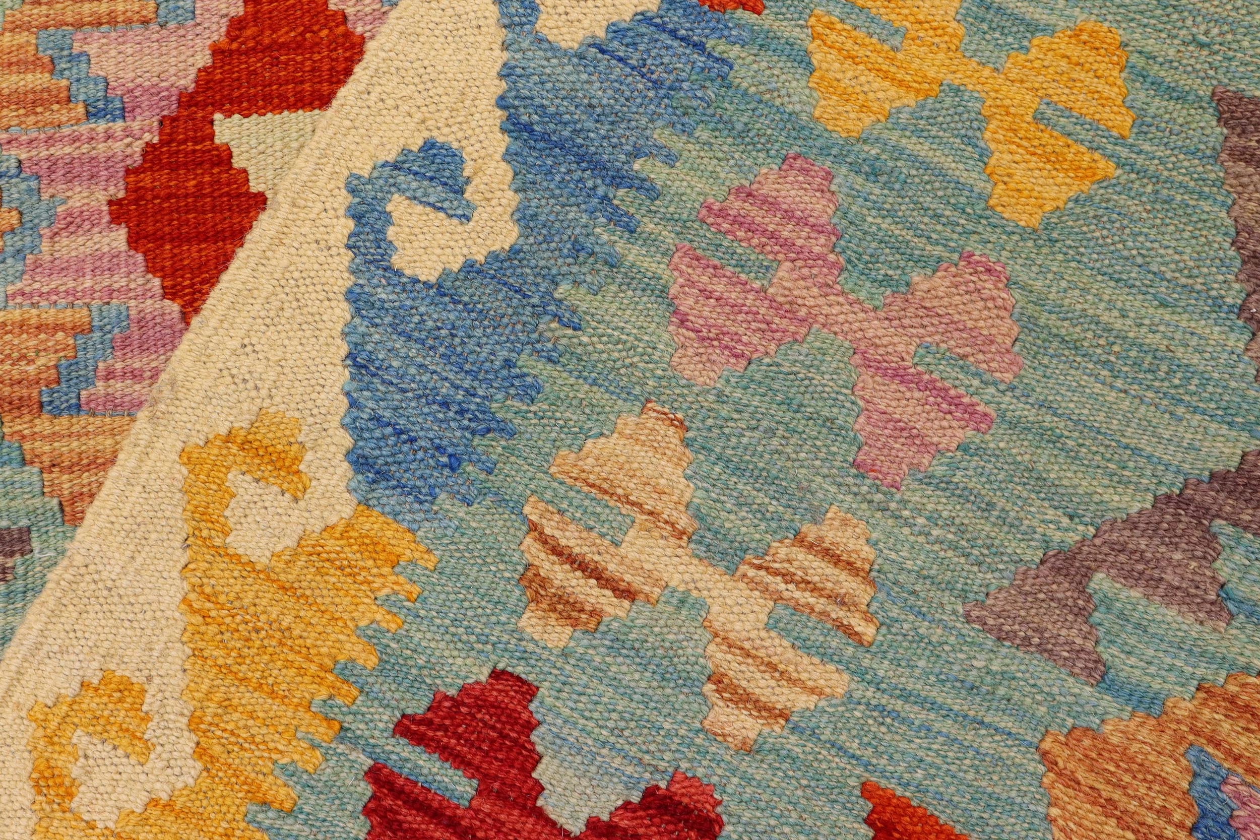 handmade Geometric Kilim Blue Beige Hand-Woven RECTANGLE 100% WOOL area rug 4 x 6