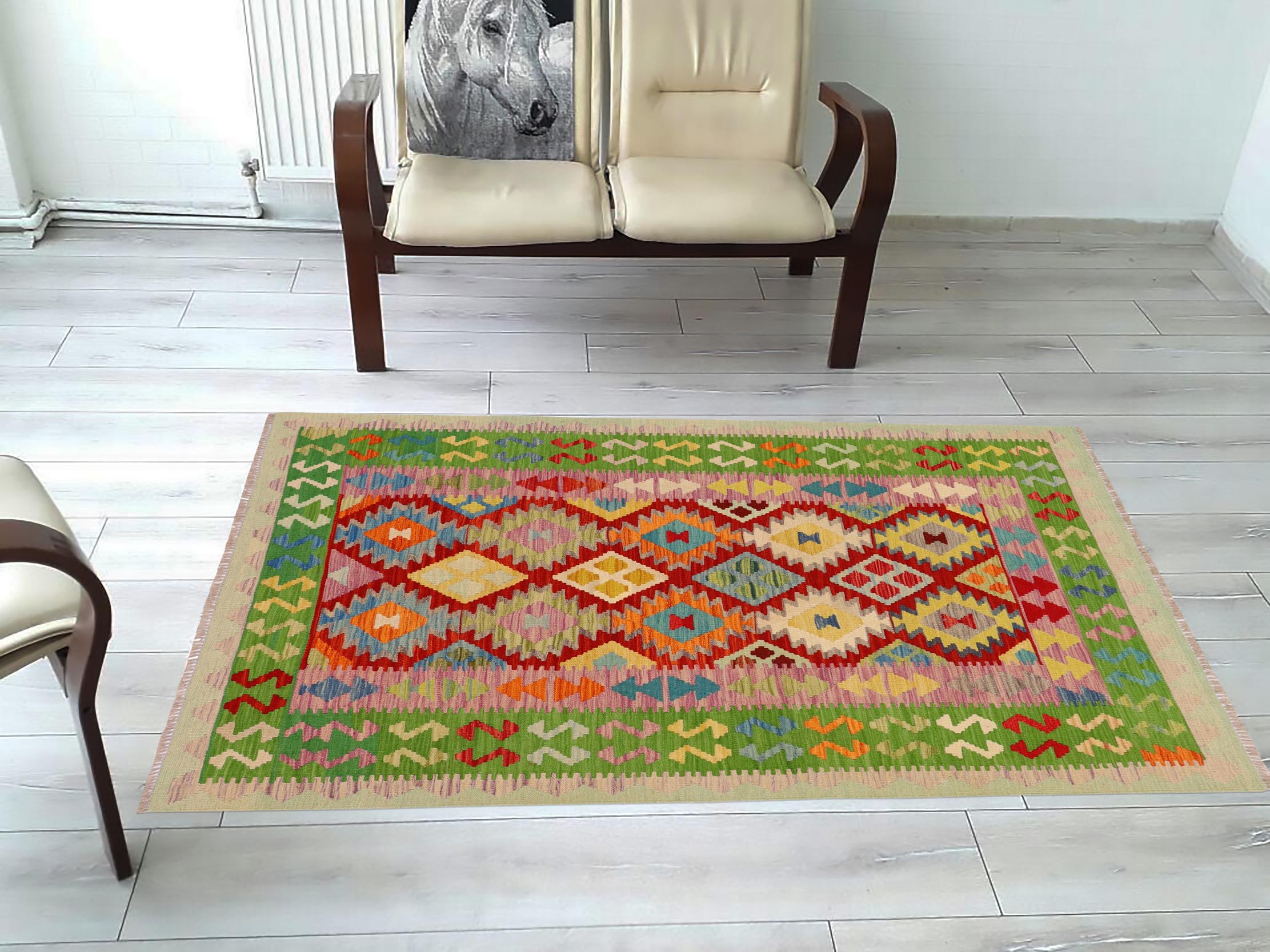 handmade Geometric Kilim Rust Green Hand-Woven RECTANGLE 100% WOOL area rug 4 x 6
