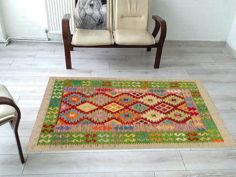 handmade Geometric Kilim Rust Green Hand-Woven RECTANGLE 100% WOOL area rug 4 x 6