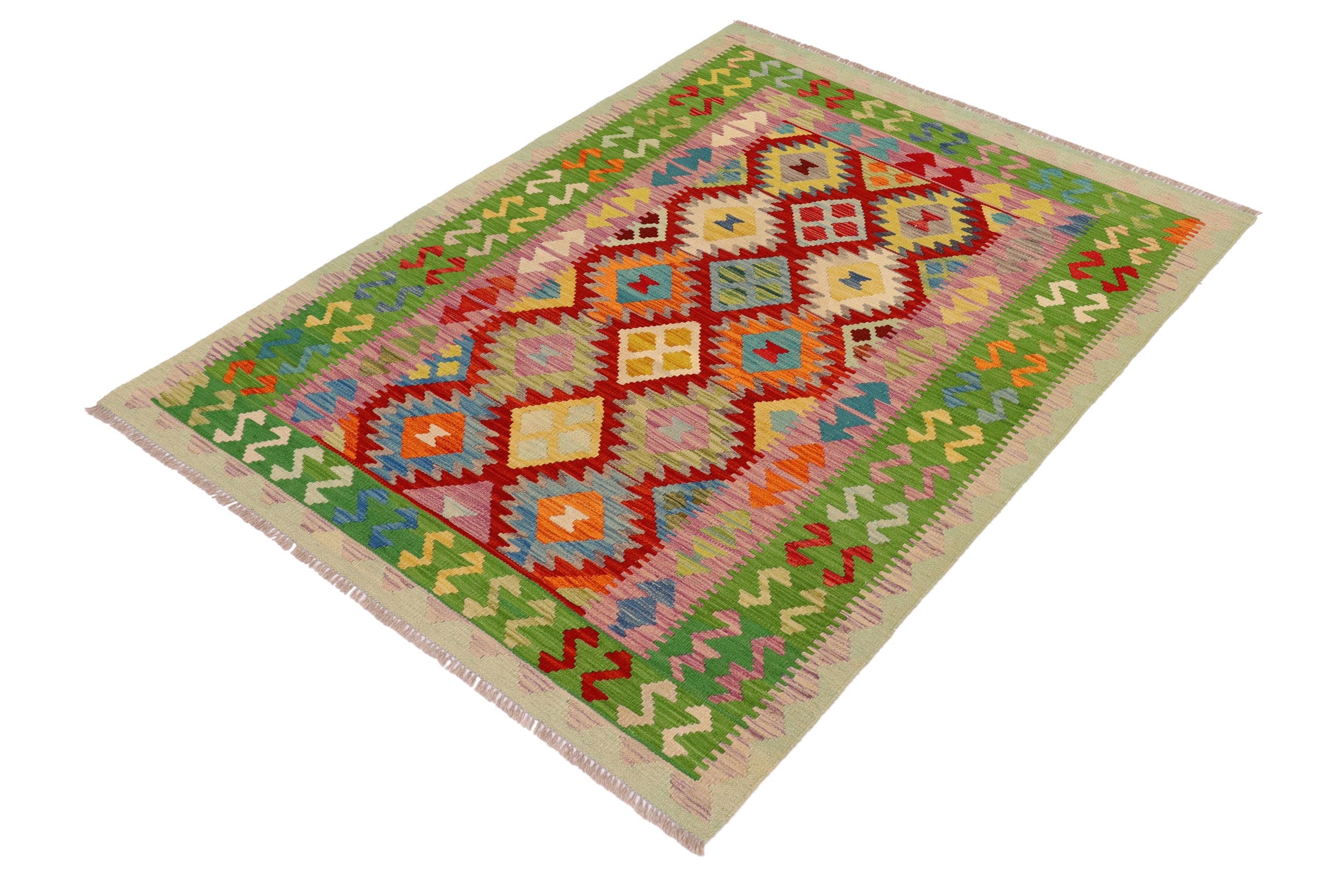 handmade Geometric Kilim Rust Green Hand-Woven RECTANGLE 100% WOOL area rug 4 x 6