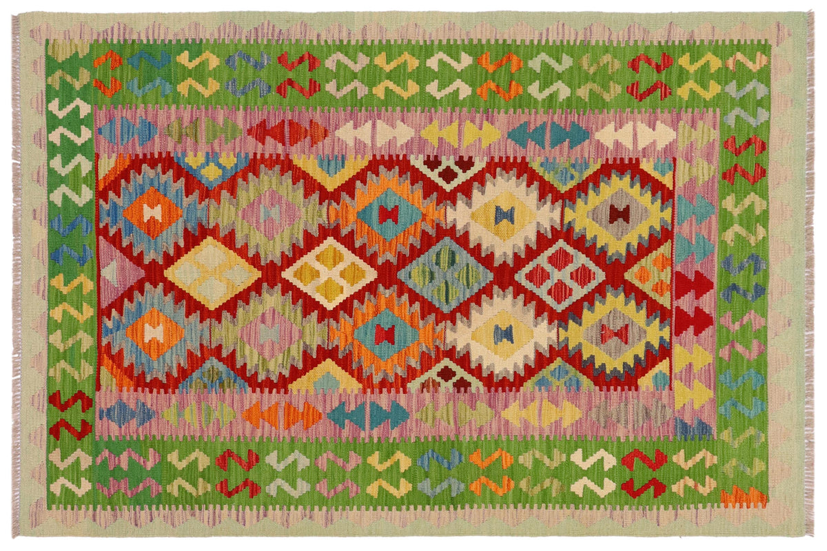 handmade Geometric Kilim Rust Green Hand-Woven RECTANGLE 100% WOOL area rug 4 x 6