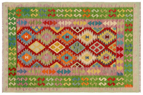 handmade Geometric Kilim Rust Green Hand-Woven RECTANGLE 100% WOOL area rug 4 x 6