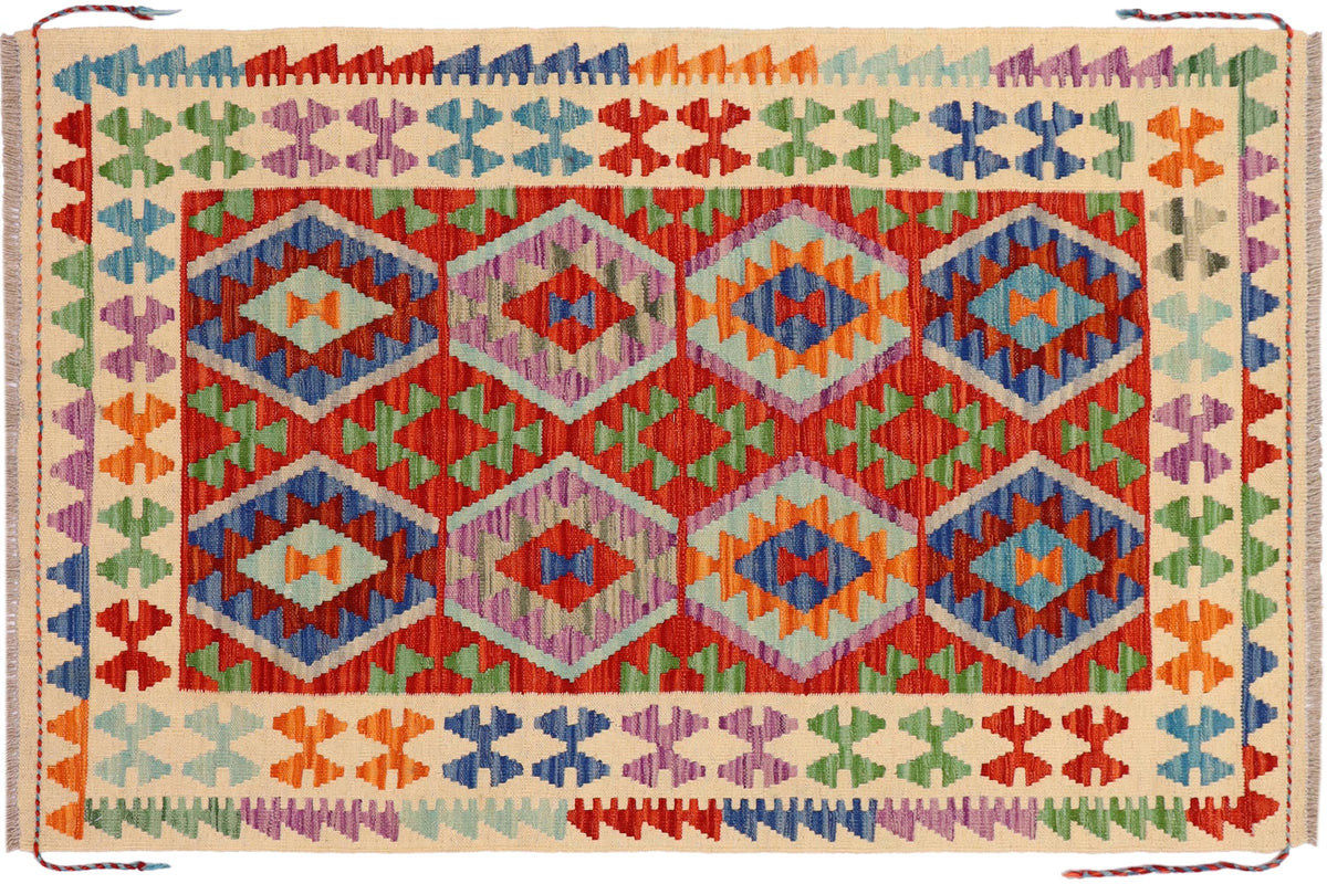 handmade Geometric Kilim Rust Beige Hand-Woven RECTANGLE 100% WOOL area rug 3 x 5