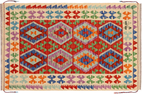 handmade Geometric Kilim Rust Beige Hand-Woven RECTANGLE 100% WOOL area rug 3 x 5