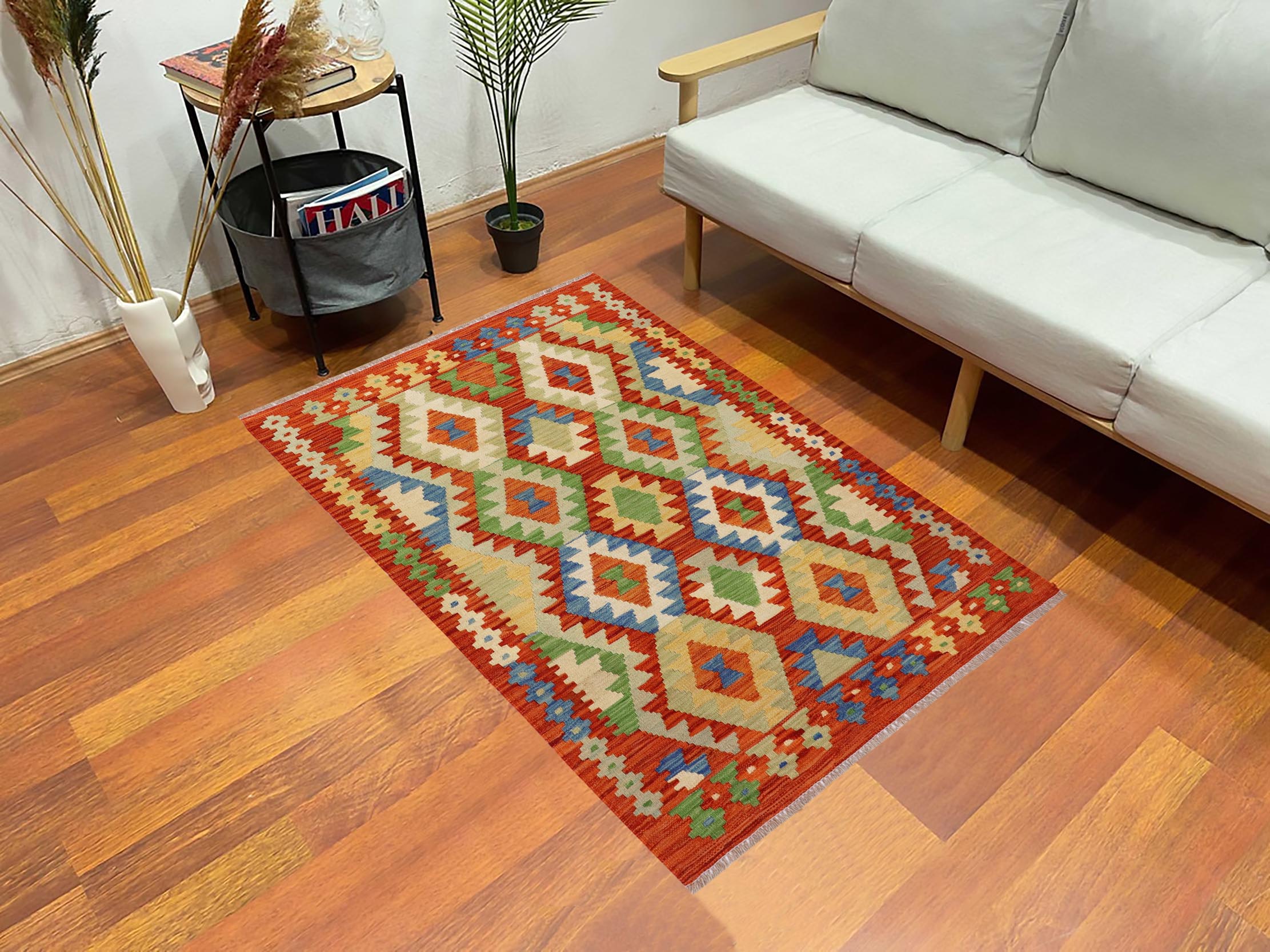 handmade Geometric Kilim Rust Blue Hand-Woven RECTANGLE 100% WOOL area rug 3 x 5
