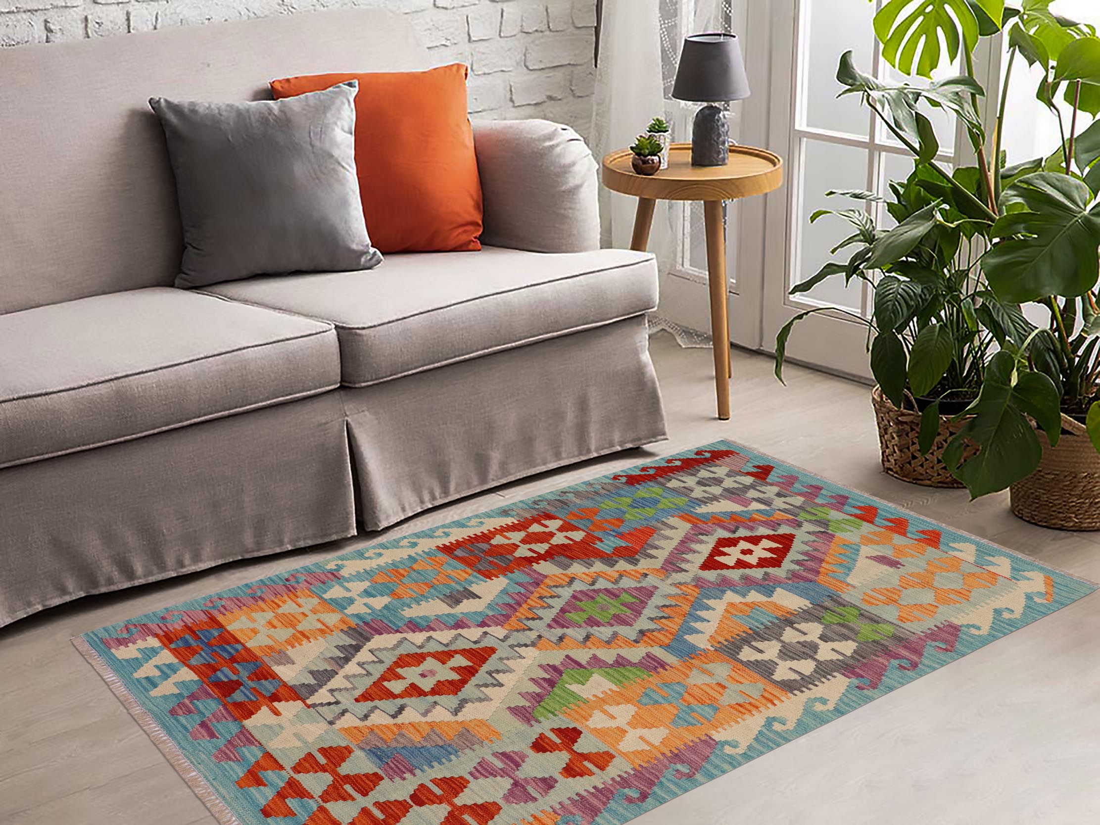 handmade Geometric Kilim Blue Rust Hand-Woven RECTANGLE 100% WOOL area rug 3' x 5'