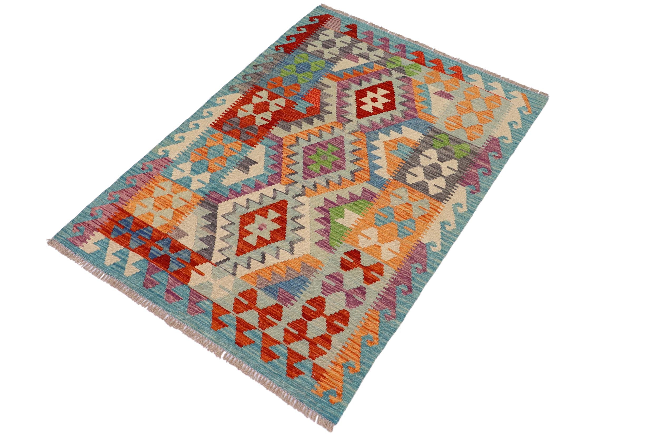 handmade Geometric Kilim Blue Rust Hand-Woven RECTANGLE 100% WOOL area rug 3' x 5'