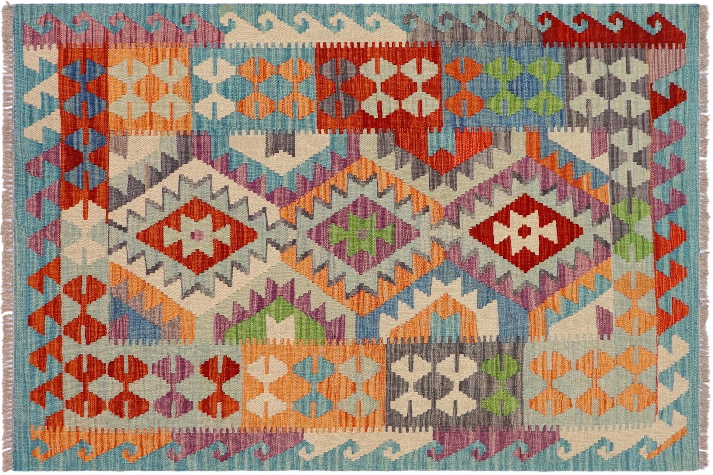 handmade Geometric Kilim Blue Rust Hand-Woven RECTANGLE 100% WOOL area rug 3' x 5'