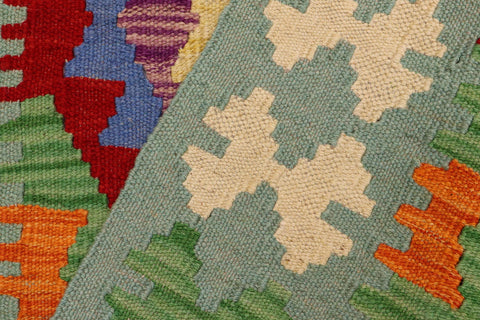 handmade Geometric Kilim Red Blue Hand-Woven RUNNER 100% WOOL area rug 3' x 6'