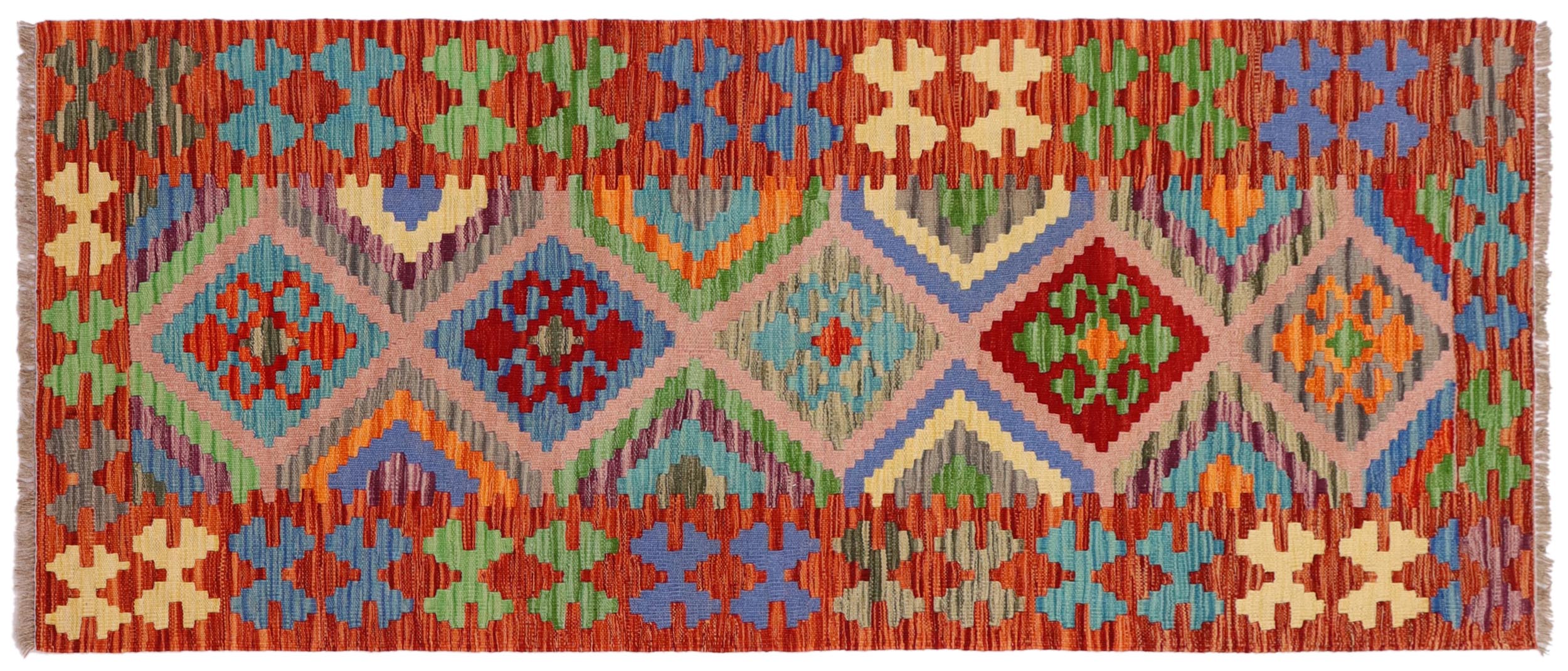 handmade Geometric Kilim Blue Rust Hand-Woven RUNNER 100% WOOL area rug 3' x 7'