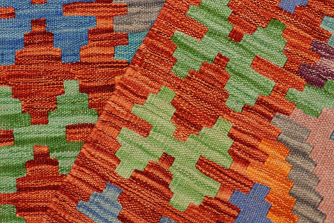 handmade Geometric Kilim Blue Rust Hand-Woven RUNNER 100% WOOL area rug 3' x 7'