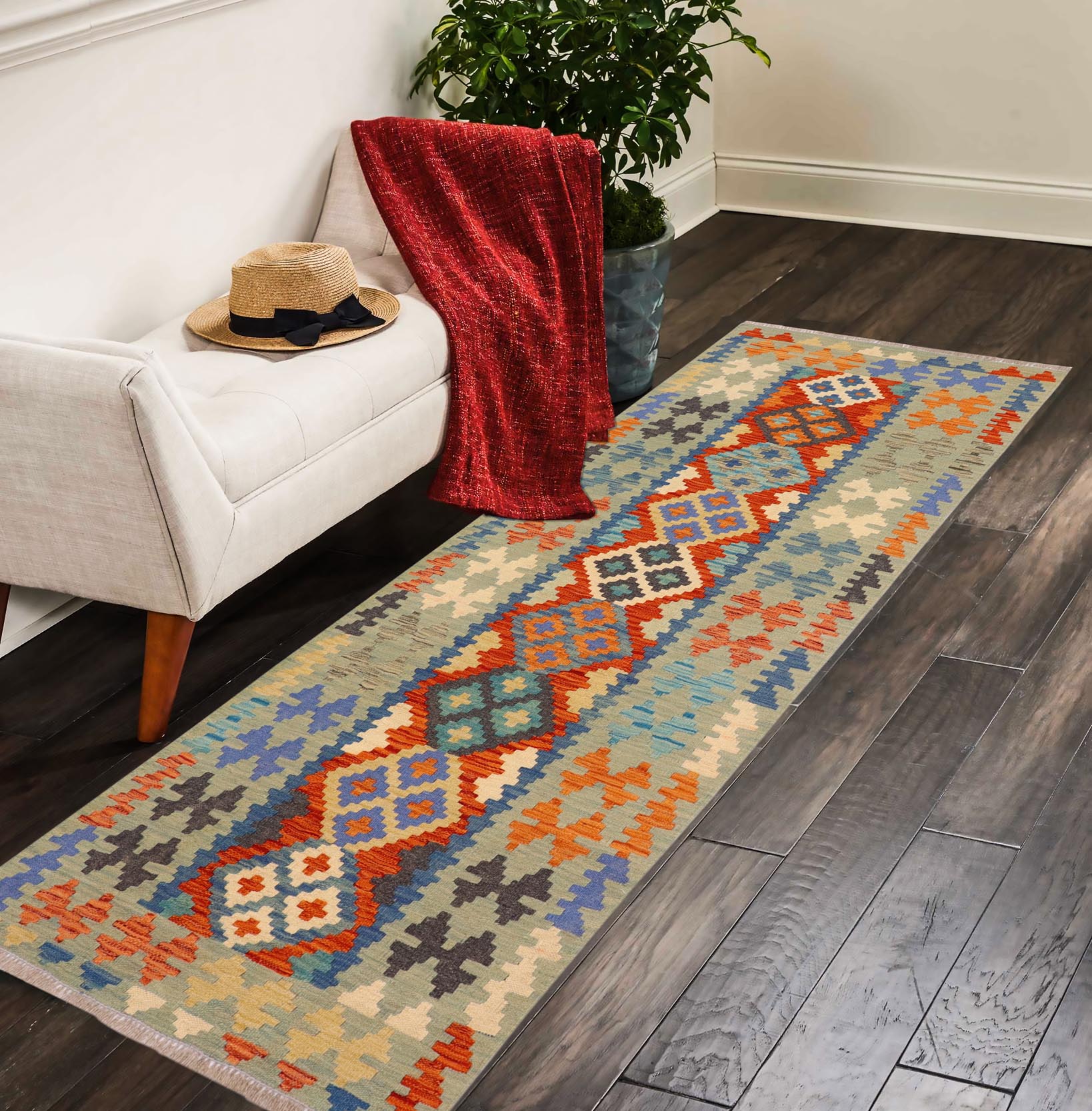 handmade Geometric Kilim Rust Blue Hand-Woven RUNNER 100% WOOL area rug 3' x 7'