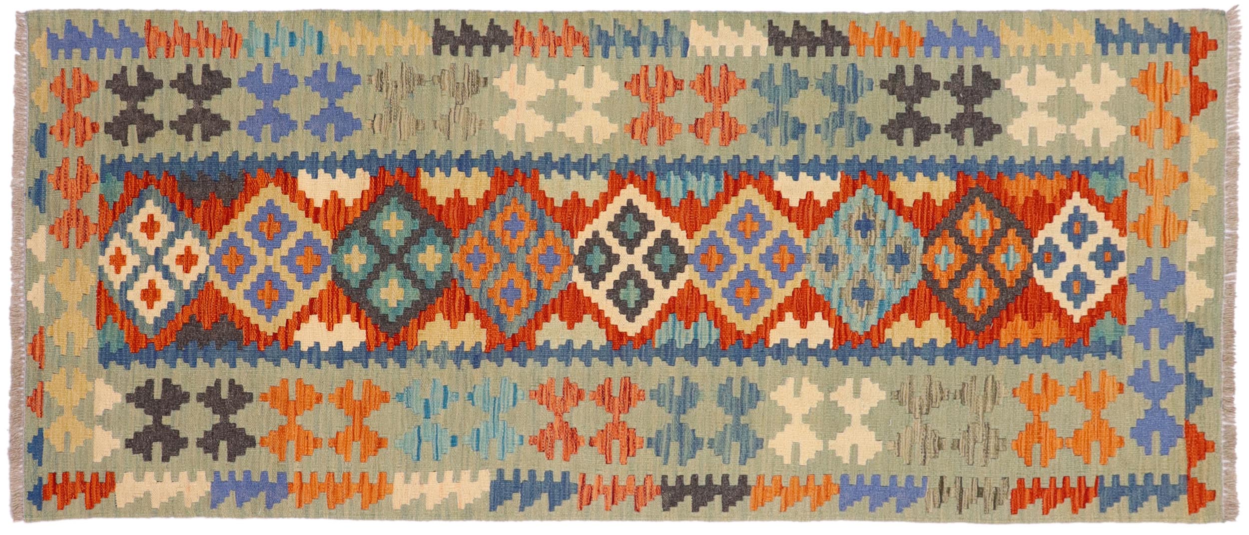 handmade Geometric Kilim Rust Blue Hand-Woven RUNNER 100% WOOL area rug 3' x 7'