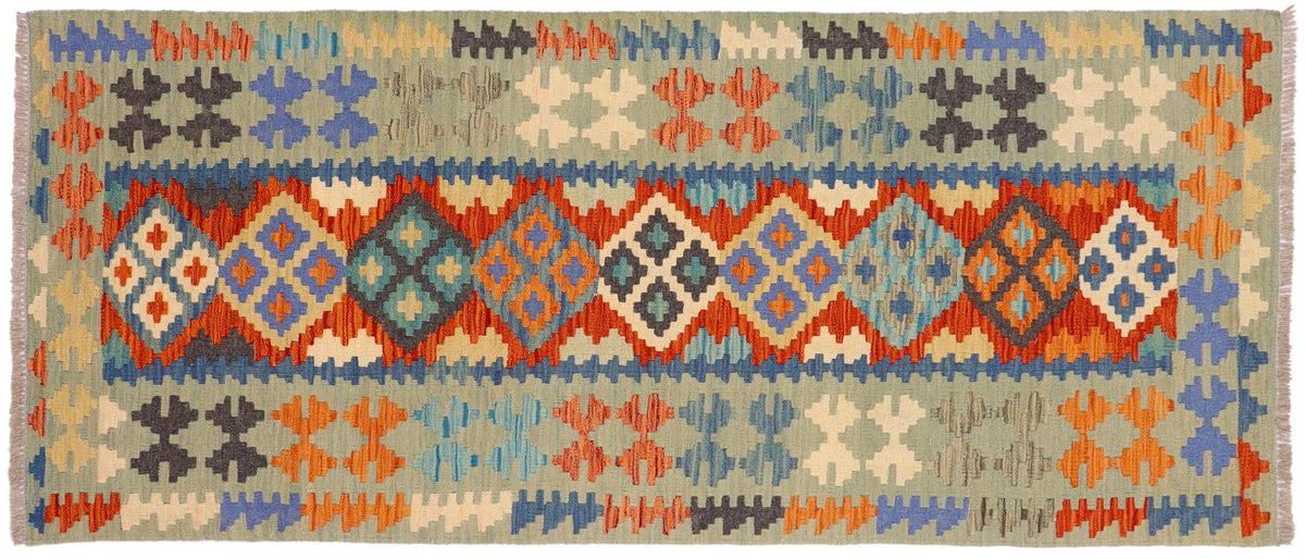 handmade Geometric Kilim Rust Blue Hand-Woven RUNNER 100% WOOL area rug 3' x 7'