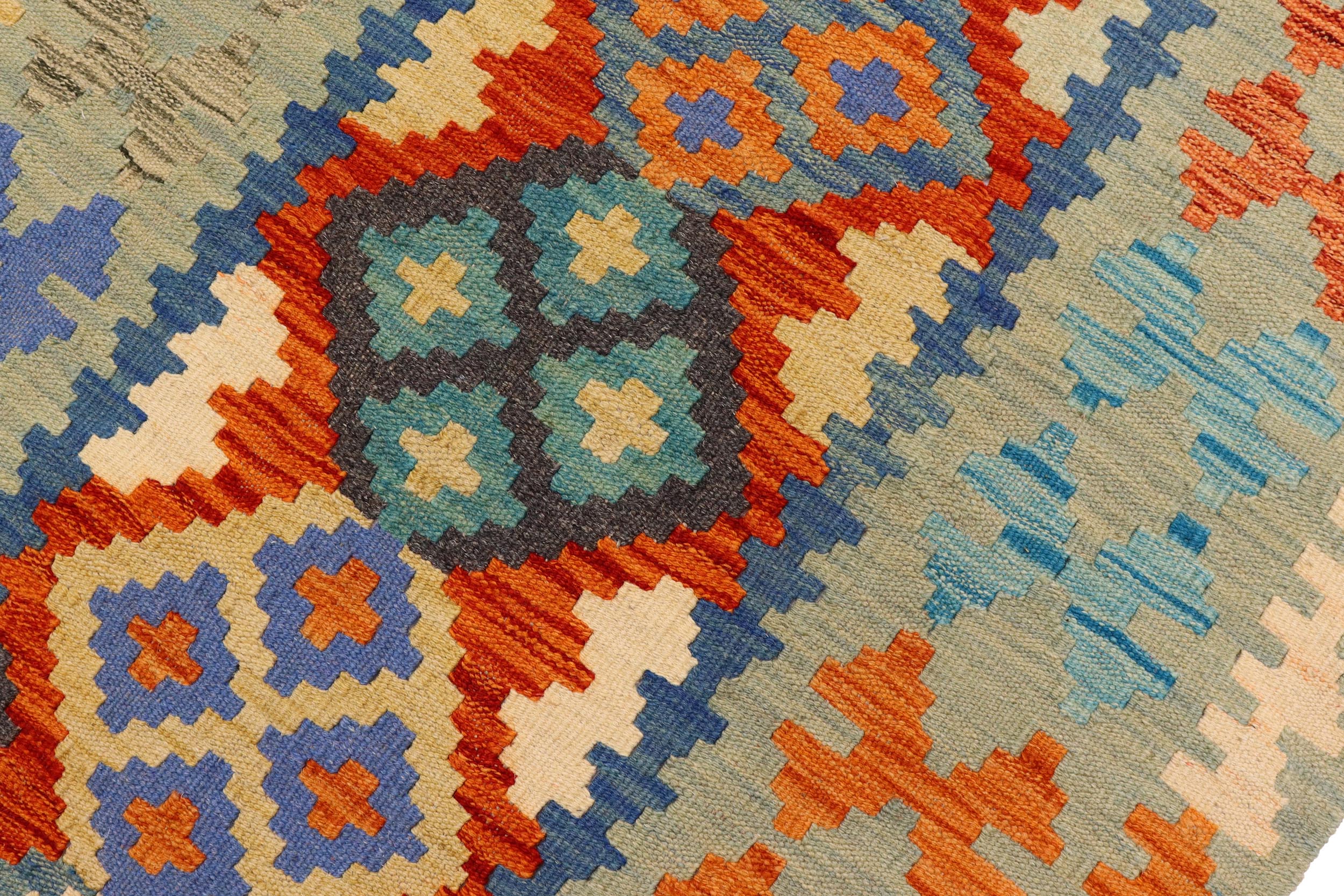 handmade Geometric Kilim Rust Blue Hand-Woven RUNNER 100% WOOL area rug 3' x 7'