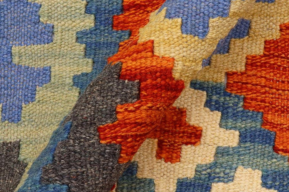 Flat Weave Kilim Antique Navaho Vintage handmade Geometric Kilim Rust Blue Hand-Woven Runner 100% Wool Area Rug 3x7 