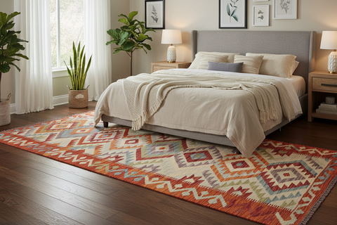 handmade Geometric Kilim Blue Rust Hand-Woven RUNNER 100% WOOL area rug 3' x 6'