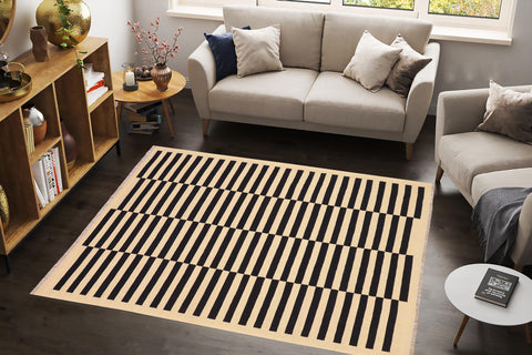 handmade Modern Kilim Beige Black Hand-Woven RECTANGLE 100% WOOL area rug 5 x 8