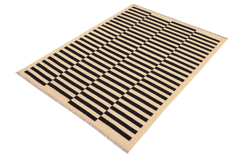 handmade Modern Kilim Beige Black Hand-Woven RECTANGLE 100% WOOL area rug 5 x 8
