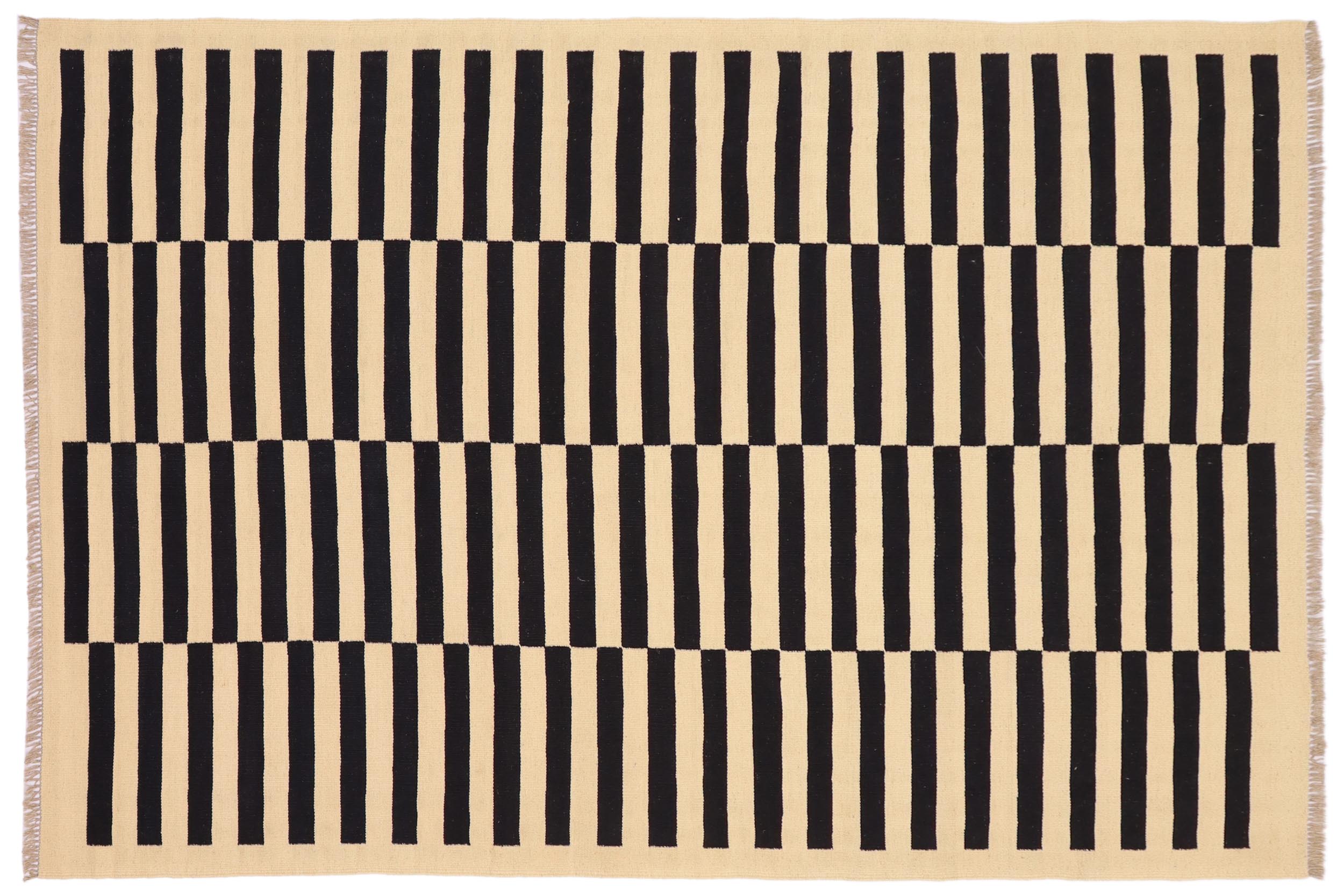 handmade Modern Kilim Beige Black Hand-Woven RECTANGLE 100% WOOL area rug 5 x 8