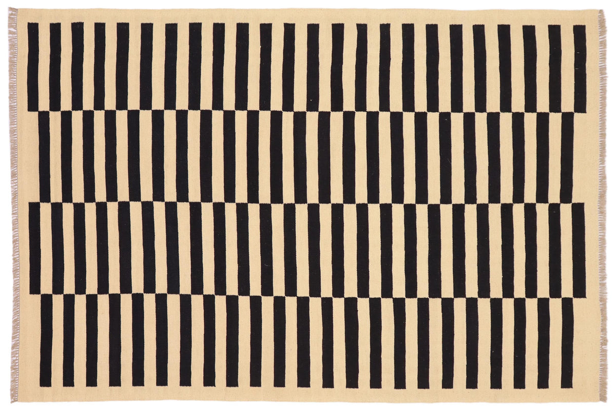 handmade Modern Kilim Beige Black Hand-Woven RECTANGLE 100% WOOL area rug 5 x 8