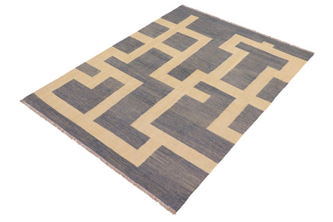 handmade Modern Kilim Blue Beige Hand-Woven RECTANGLE 100% WOOL area rug 5 x 7