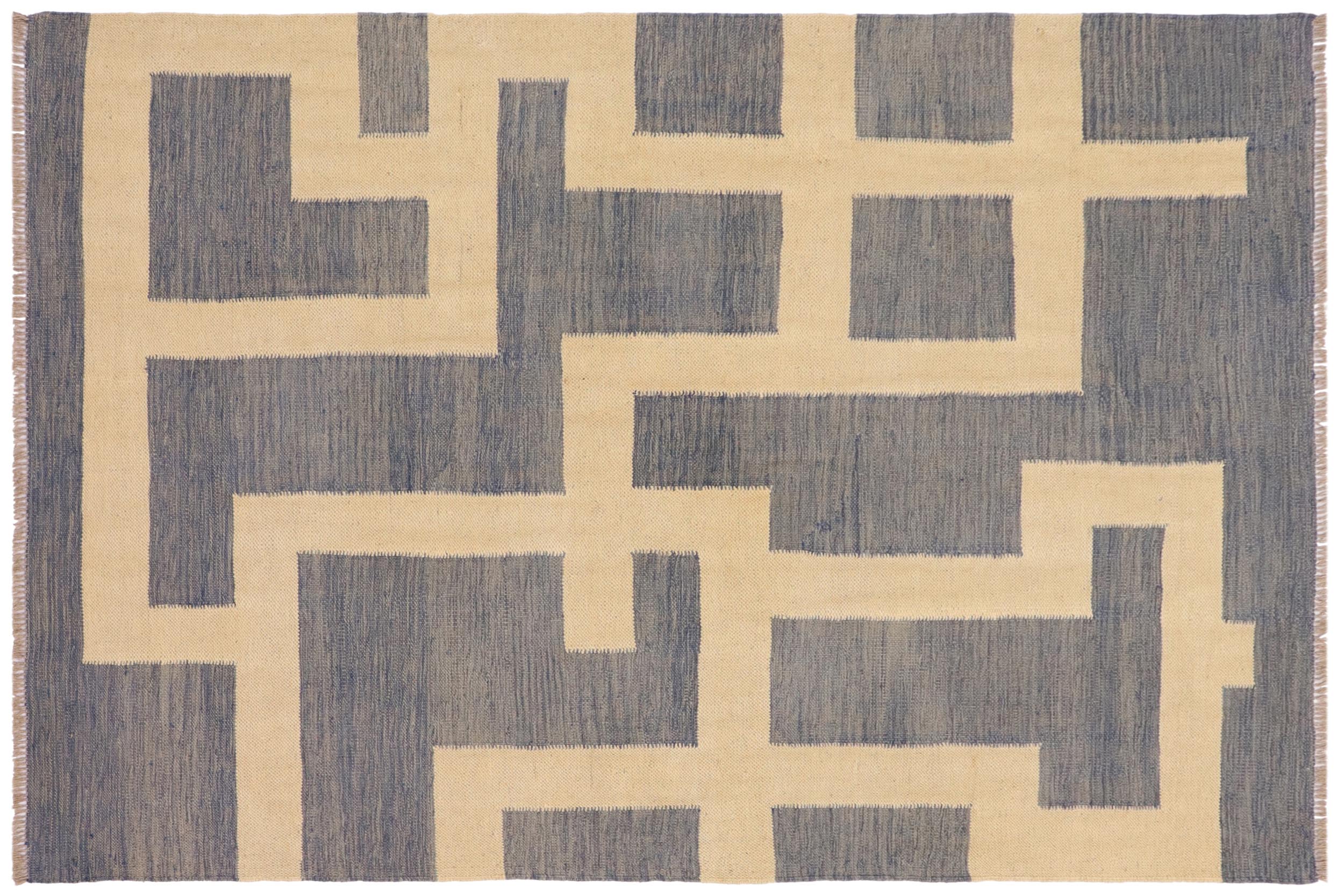 handmade Modern Kilim Blue Beige Hand-Woven RECTANGLE 100% WOOL area rug 5 x 7