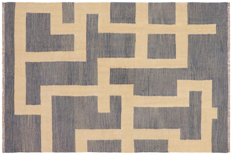 handmade Modern Kilim Blue Beige Hand-Woven RECTANGLE 100% WOOL area rug 5 x 7