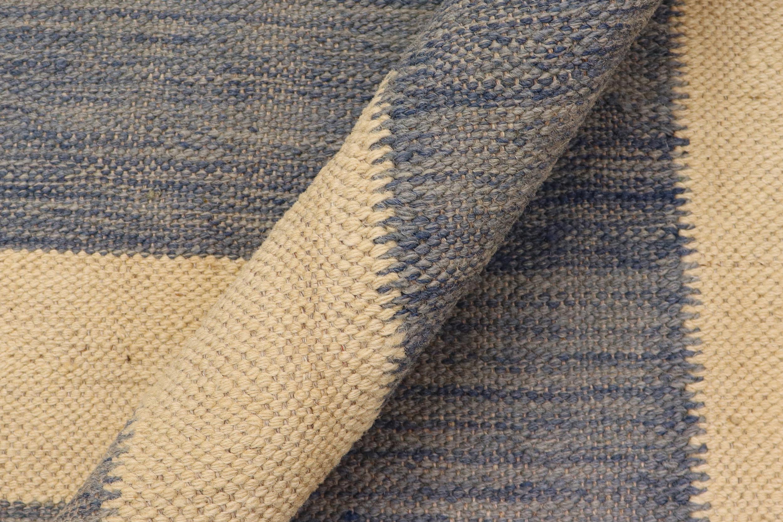 handmade Modern Kilim Blue Beige Hand-Woven RECTANGLE 100% WOOL area rug 5 x 7