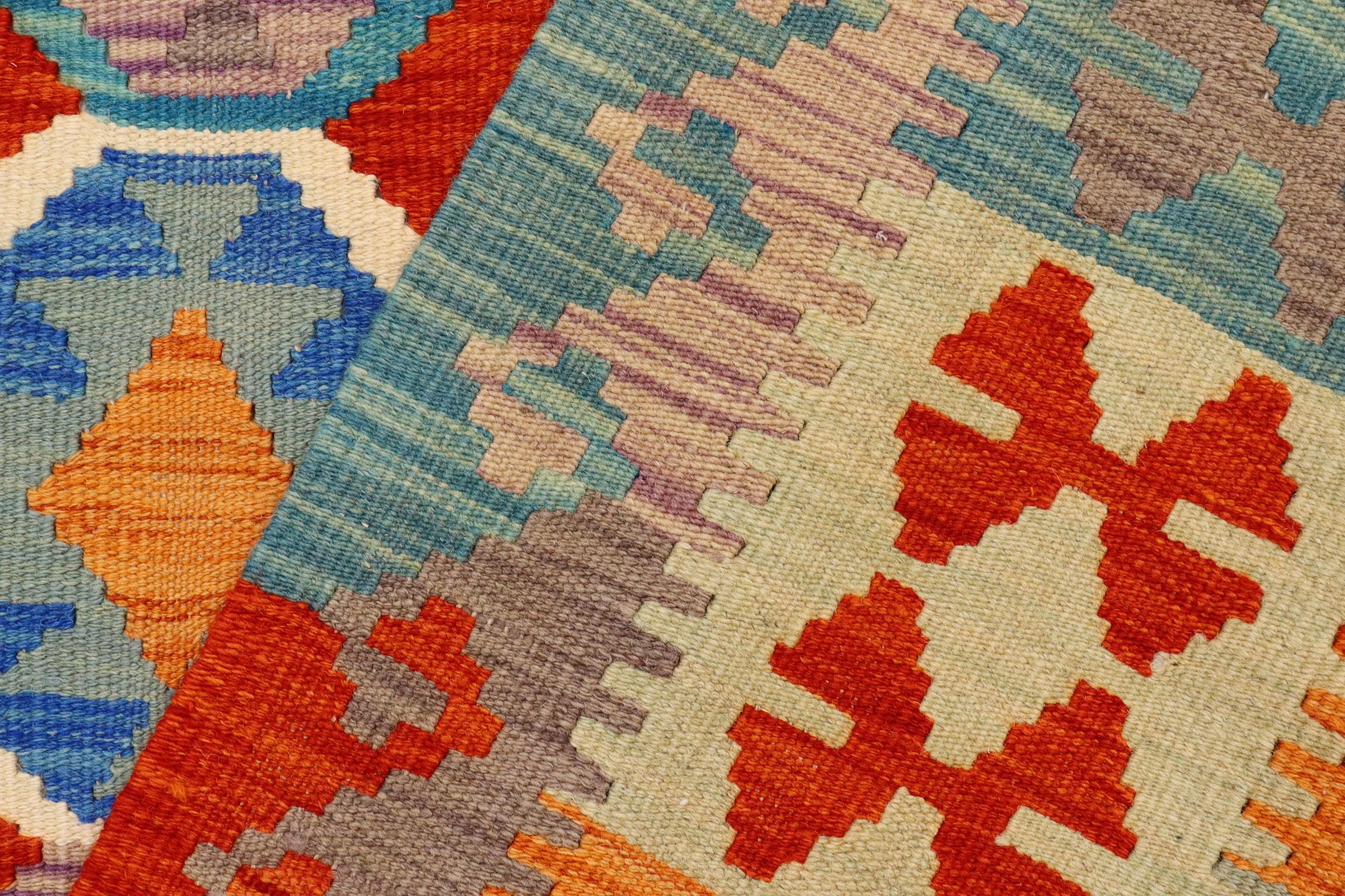 handmade Geometric Kilim Rust Blue Hand-Woven RECTANGLE 100% WOOL area rug 5x6