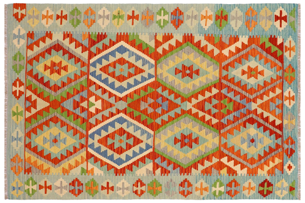 handmade Geometric Kilim Rust Blue Hand-Woven RECTANGLE 100% WOOL area rug 5 x 7