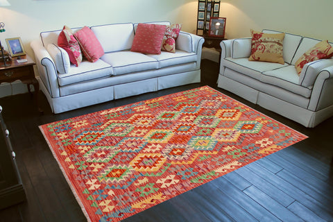 handmade Geometric Kilim Red Blue Hand-Woven RECTANGLE 100% WOOL area rug 5 x 7
