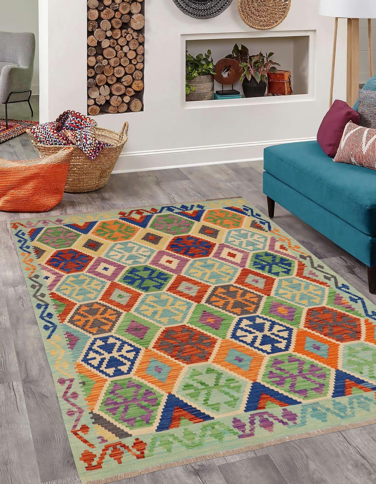 handmade Geometric Kilim Rust Blue Hand-Woven RECTANGLE 100% WOOL area rug 5 x 7