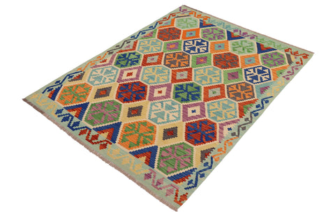 handmade Geometric Kilim Rust Blue Hand-Woven RECTANGLE 100% WOOL area rug 5 x 7