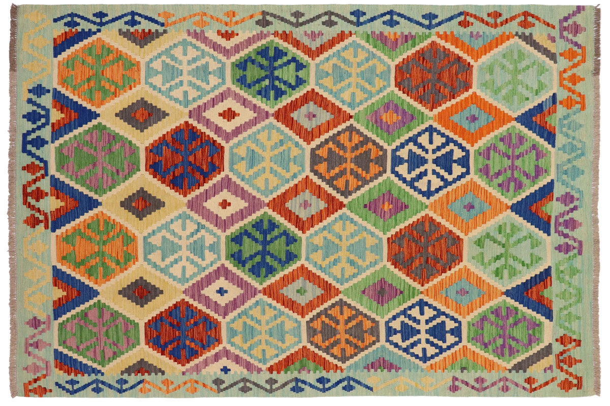 handmade Geometric Kilim Rust Blue Hand-Woven RECTANGLE 100% WOOL area rug 5 x 7