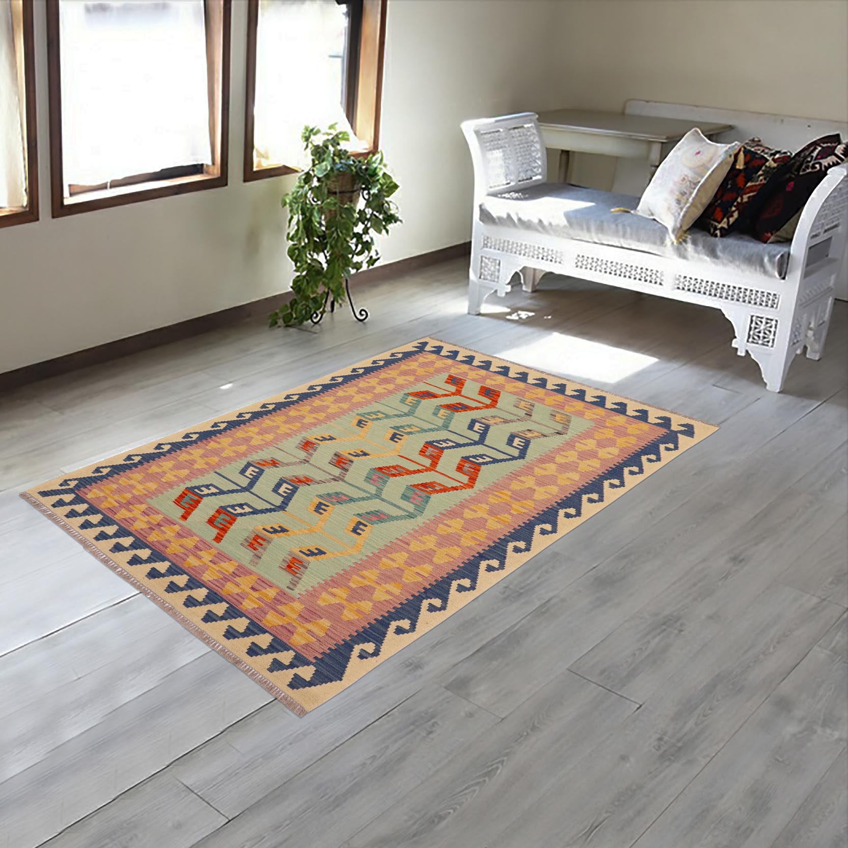 handmade Modern Kilim Blue Beige Hand-Woven RECTANGLE 100% WOOL area rug 4x6