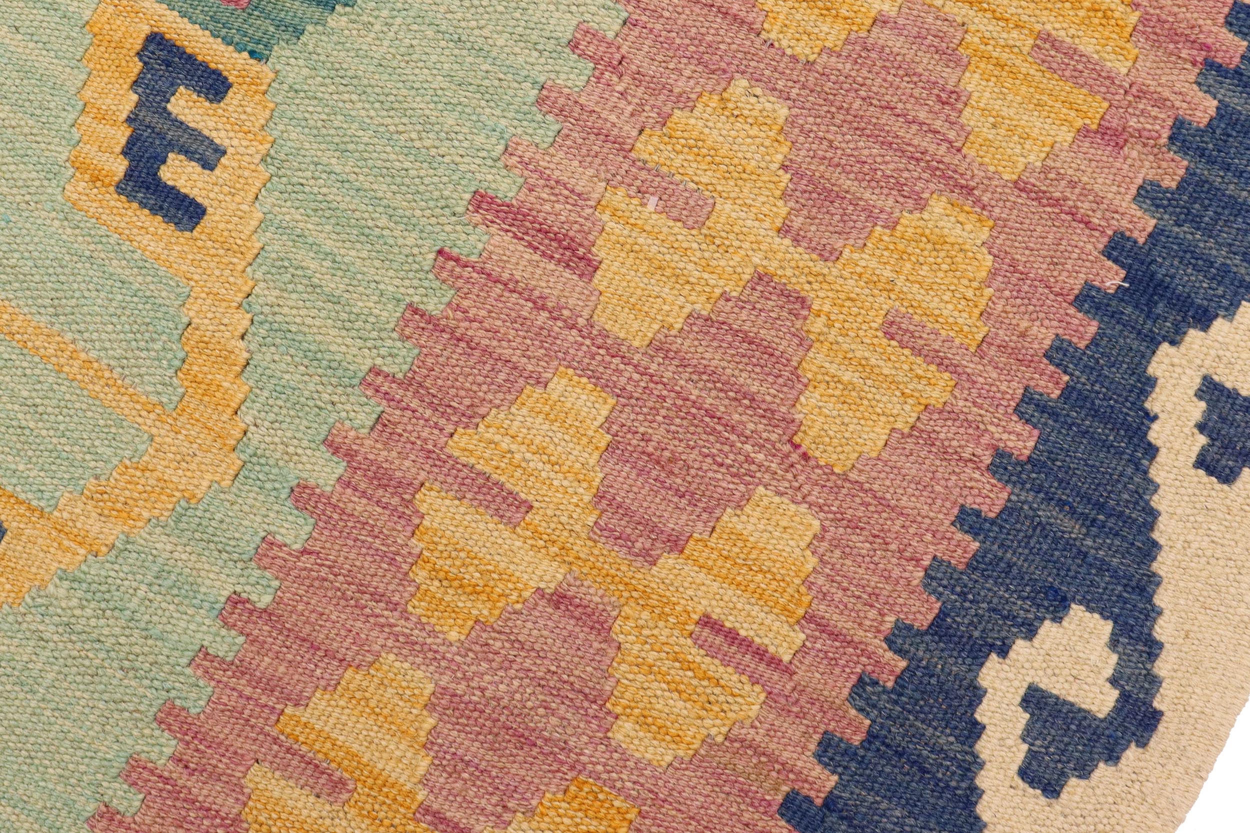 handmade Modern Kilim Blue Beige Hand-Woven RECTANGLE 100% WOOL area rug 4x6