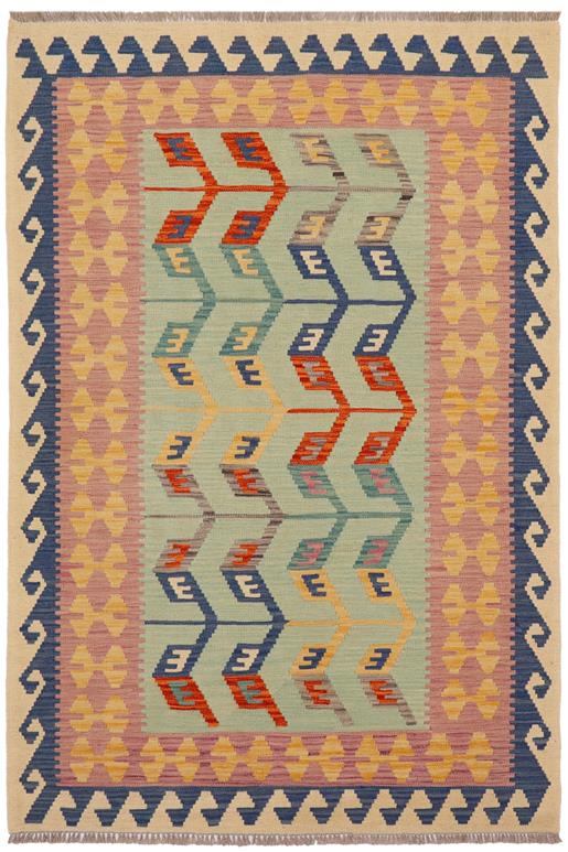 Flat Weave Kilim Antique Navaho Vintage handmade Modern Kilim Blue Beige Hand-Woven Rectangle 100% Wool Area Rug 4x6 