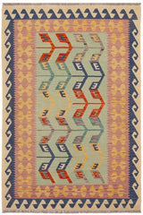 Flat Weave Kilim Antique Navaho Vintage handmade Modern Kilim Blue Beige Hand-Woven Rectangle 100% Wool Area Rug 4x6 