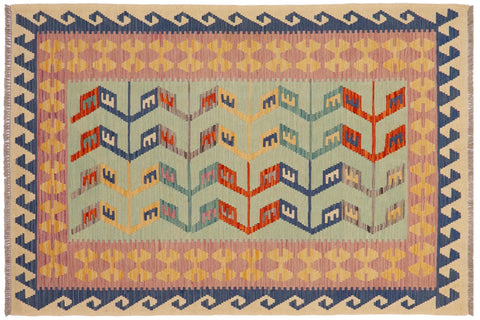 handmade Modern Kilim Blue Beige Hand-Woven RECTANGLE 100% WOOL area rug 4x6