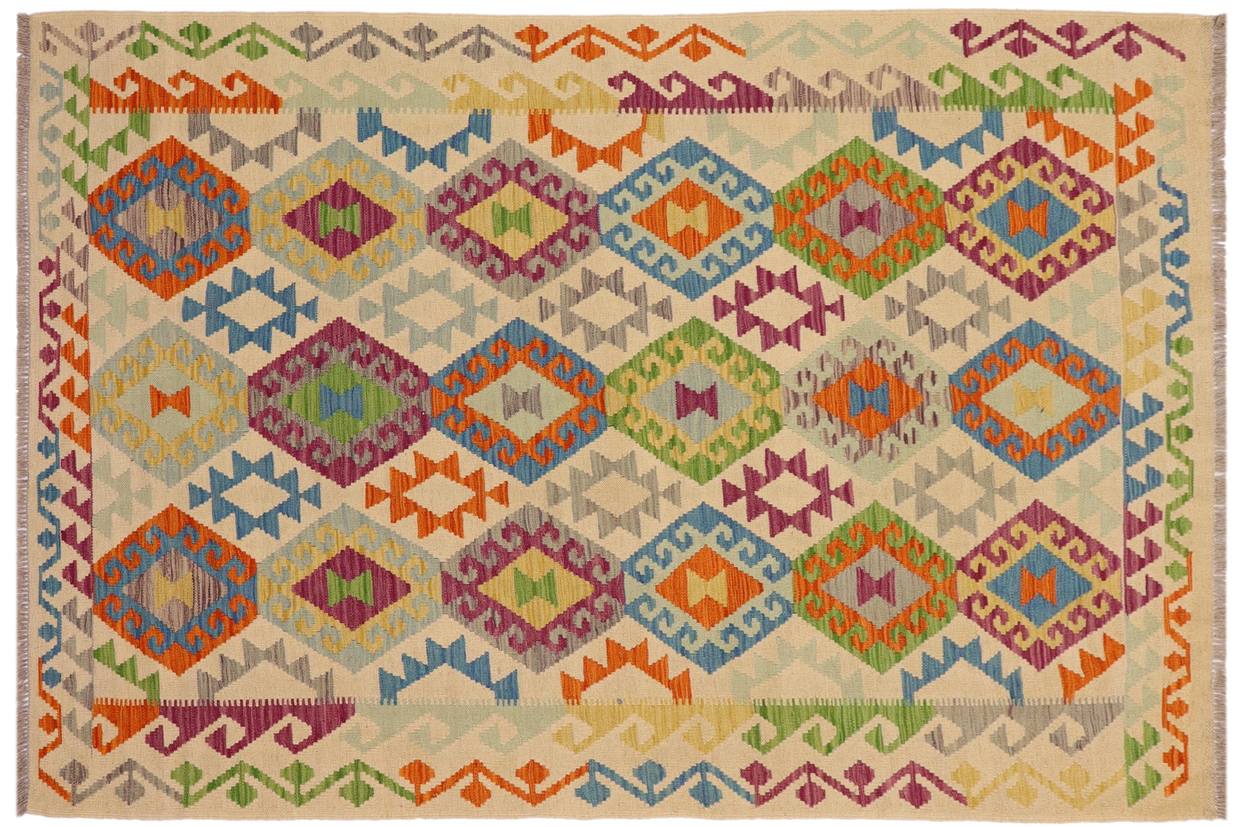 handmade Geometric Kilim Beige Blue Hand-Woven RECTANGLE 100% WOOL area rug 5 x 7